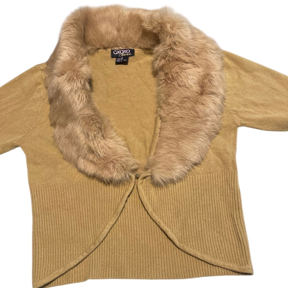 XOXO Collection Brown Rabbit Fur Trim Crop Ribbed Cardigan Sweater Y2K Sz Medium - Picture 9 of 12
